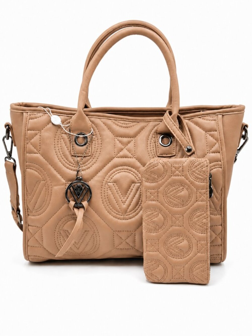 Valentino Orlandi Large Taupe Quilted V Logo Tote Bag with Pouch and Strap